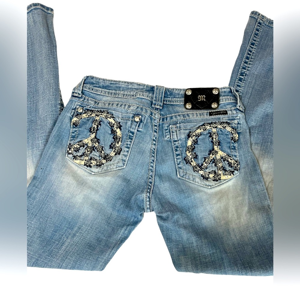 Miss Me Blue Light WashIvy Peace Embellished Embroidered Peace Boot Cut Jeans 30